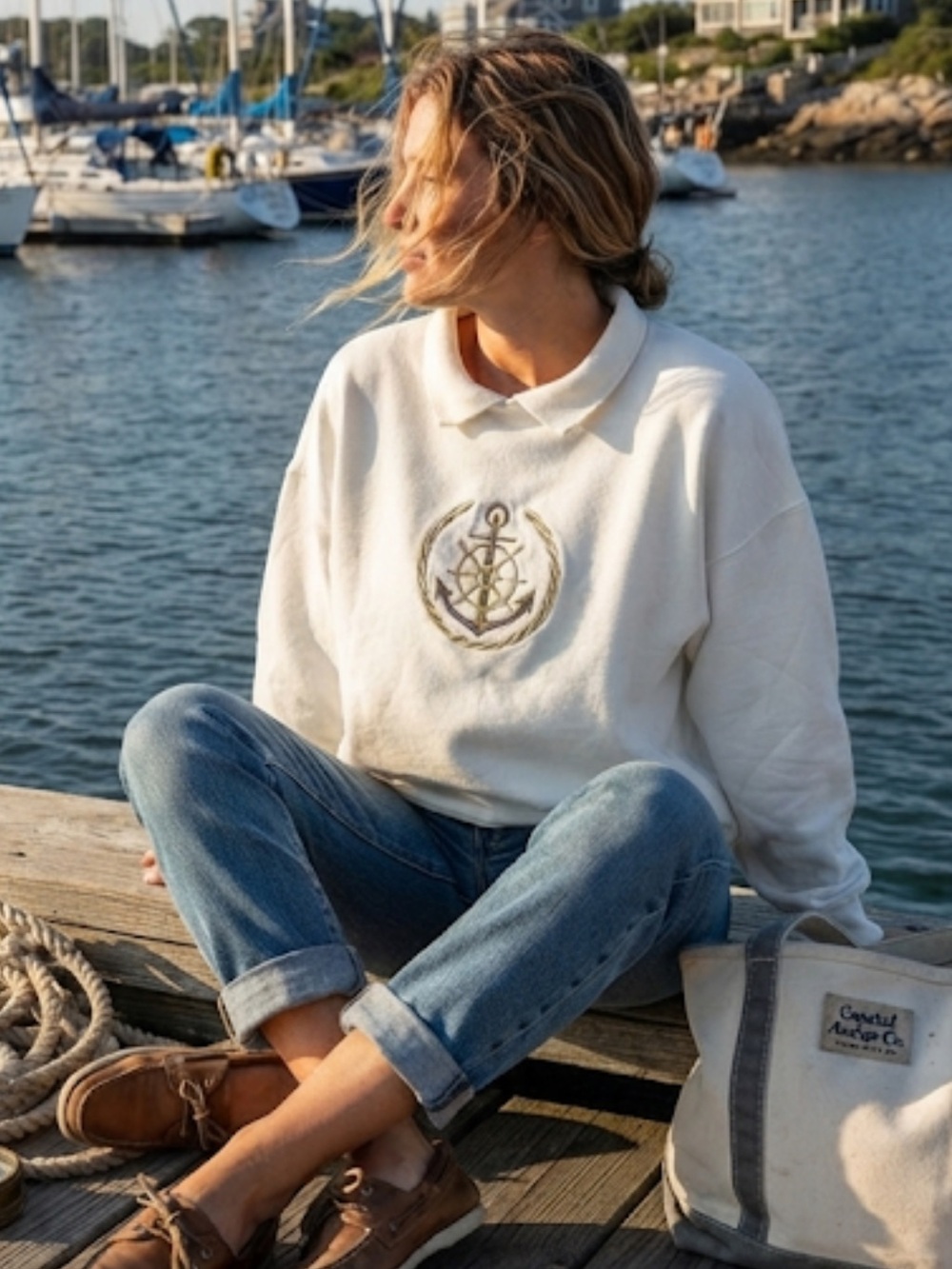 Wek The World White/Off White Nautical Embroidered Pullover Sweatshirt Size 1